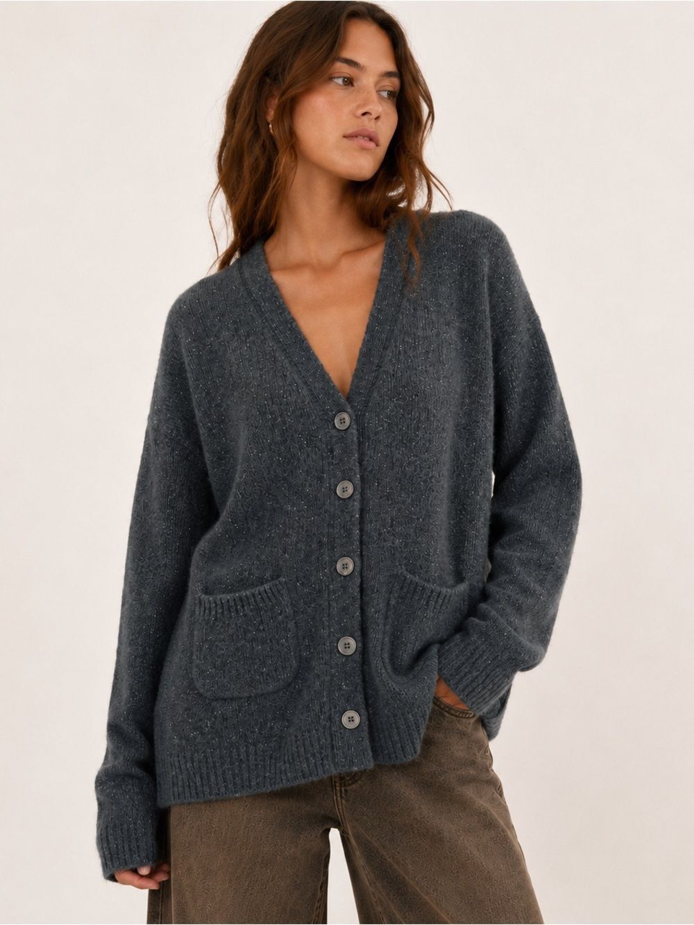 NAADAM 100% Cashmere Charcoal Gray Longline V-Neck Cardigan Sweater Large